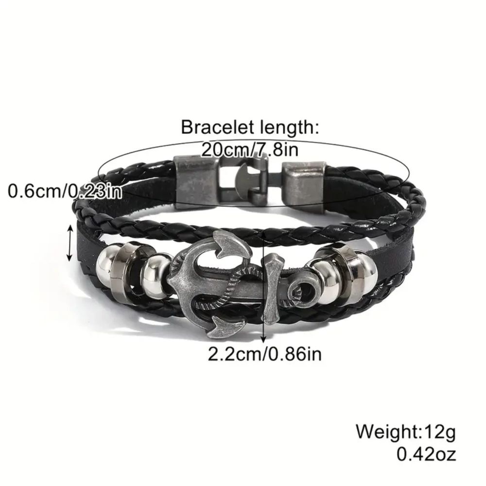 1pc Vintage Leather Bangle Bracelet Black Anchor Boho Style Stackable Jewelry